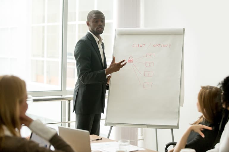 African American business person presenting information from a flip chart