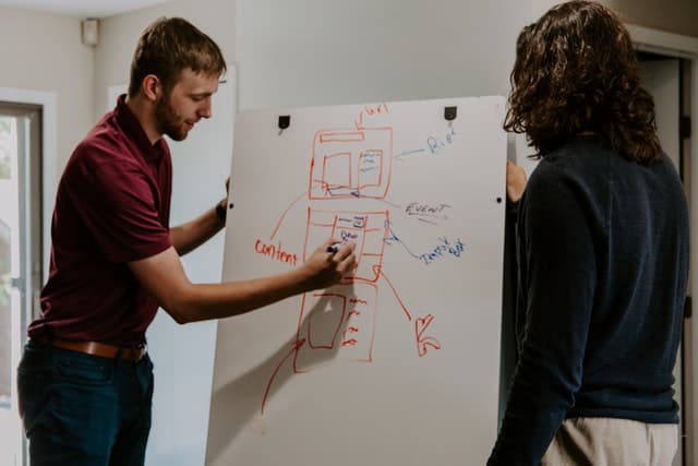 Two people working on project at white board