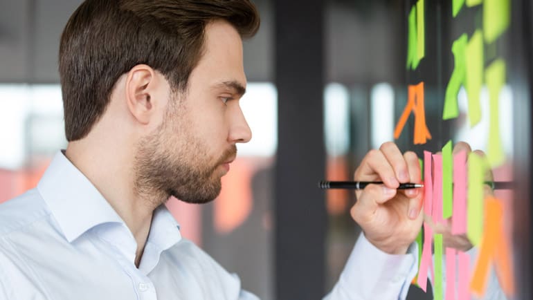 Man creating a work breakdown structure on white board