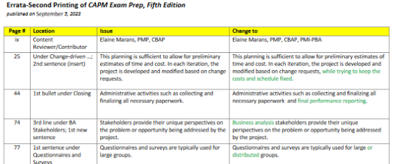 Errata – CAPM 5th Edition First Printing